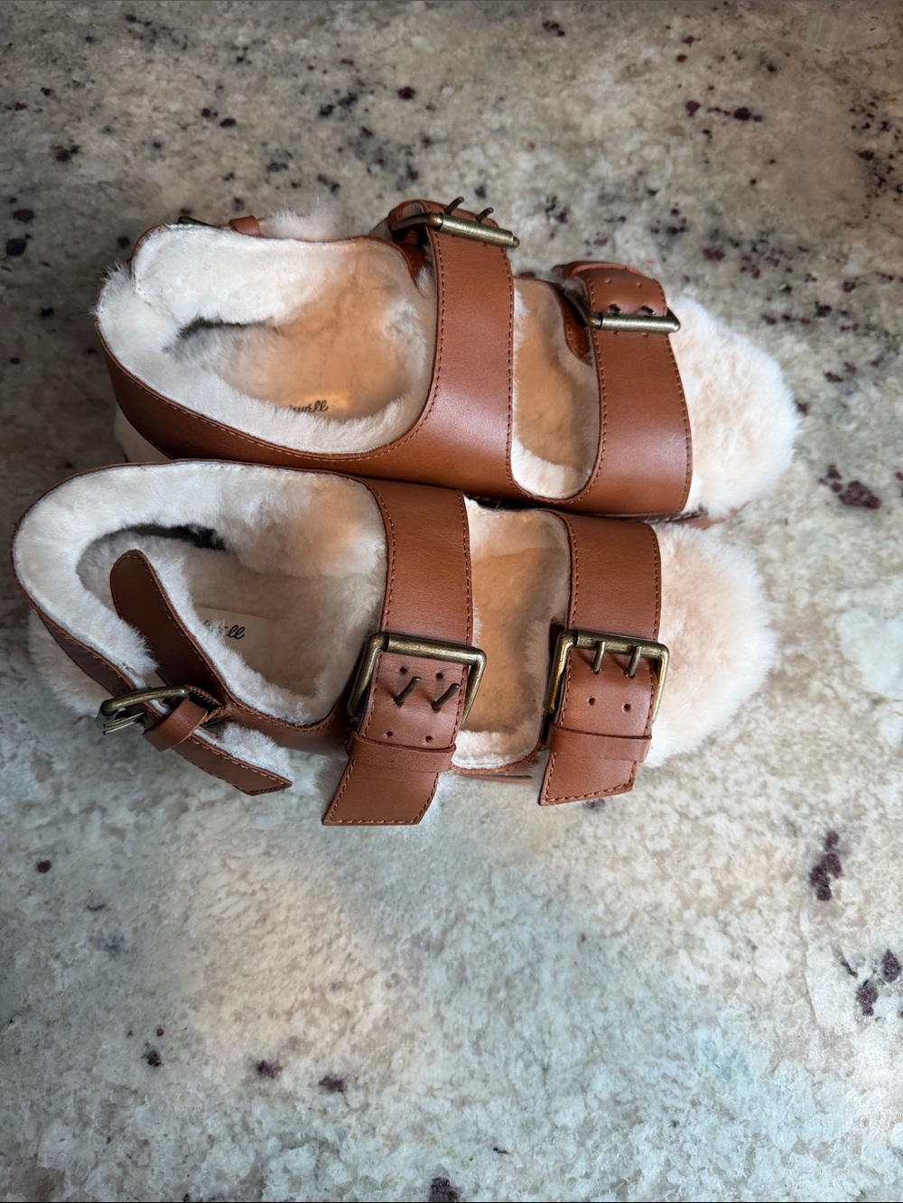 Madewell Cognac Leather Shearling-Trim Buckle Sandals like new